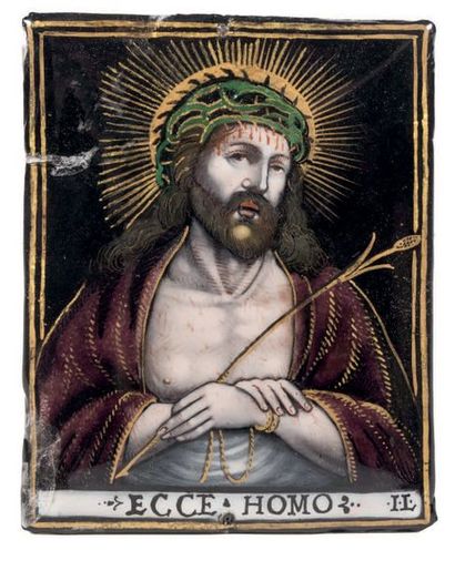 null Plaque en émail peint polychrome avec rehauts d'or représentant le Christ aux...
