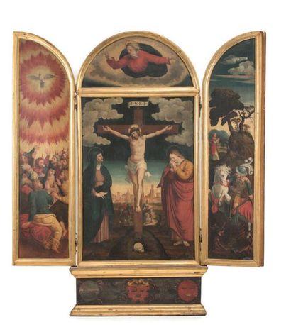 École Française début du XVIIe siècle Triptyque de la crucifixion
Volets latéraux:...