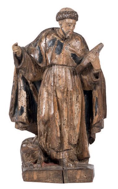null Saint Dominique en bois sculpté en ronde-bosse avec restes de polychromie. Debout,...