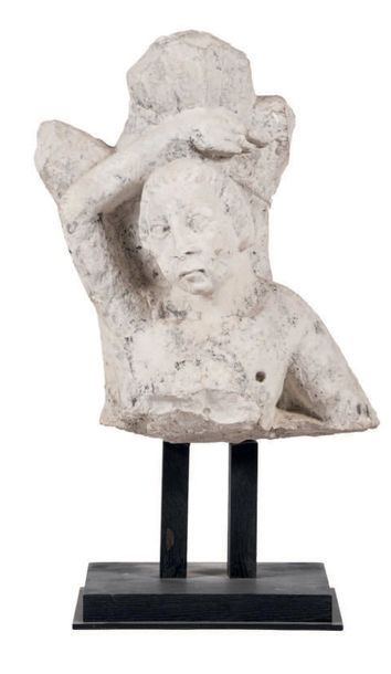 null Buste de Saint Sébastien en pierre calcaire sculptée.
Vers 1500.
Soclé.
(Érosion,...