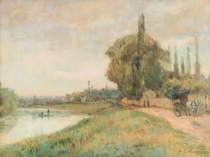 ALBERT LEBOURG (1849-1928) La calèche du peintre, bord de Seine
Huile sur toile.
Signée...