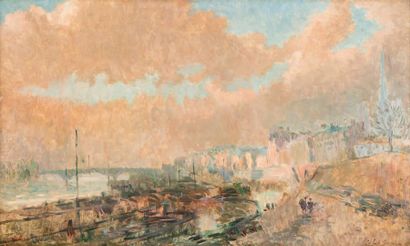 ALBERT LEBOURG (1849-1928) Rouen au crépuscule, vue de la Seine en amont du pont...