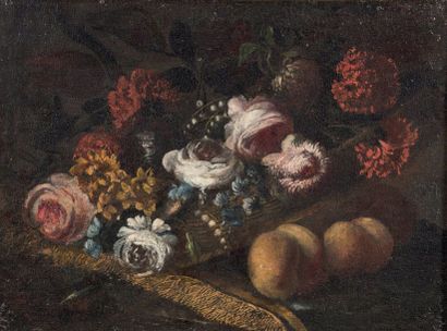 École ESPAGNOLE du XVIIIe siècle Fleurs et fruits sur un tapis
Huile sur toile.
(Rentoilage;...