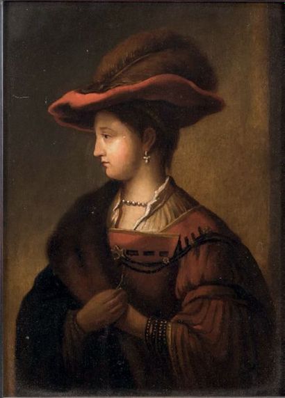 REMBRANDT Harmensz van Rijn (1606-1669) (D'après) Portrait de Saskia
Huile sur panneau.
Chêne.
Au...