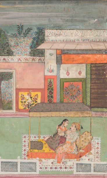 Inde centrale, fin du XVIIIe - Début du XIXe siècle Couple enlacé sur la terrasse...