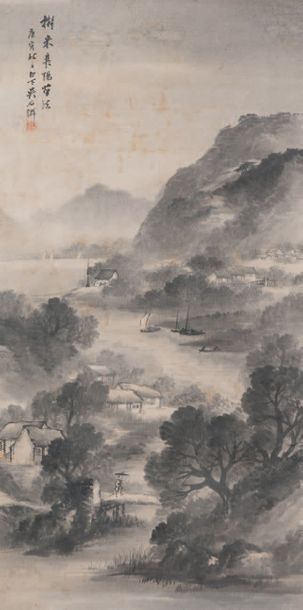 JAPON - Epoque MEIJI (1868-1912) Encre sur papier, paysage montagneux, personnages.
(Accidents...