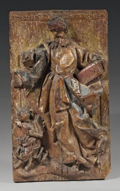 null Petit panneau en bois sculpté en demi relief et doré représentant Saint Jean...