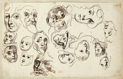 Eugène DELACROIX (1798-1863) Feuille d'étude : Croquis de seize têtes Plume et encre...