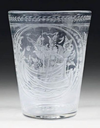 null Vase de forme tronconique en verre gravé à la meule d'une scène de navire portant...