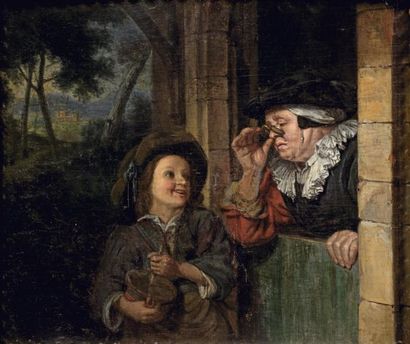 École hollandaise vers 1670, entourage de TOORENVLIET Le petit marchand ambulant...