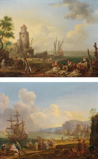 École hollandaise du XVIIIe siècle Pêcheurs et raboteuses près au port Le départ...