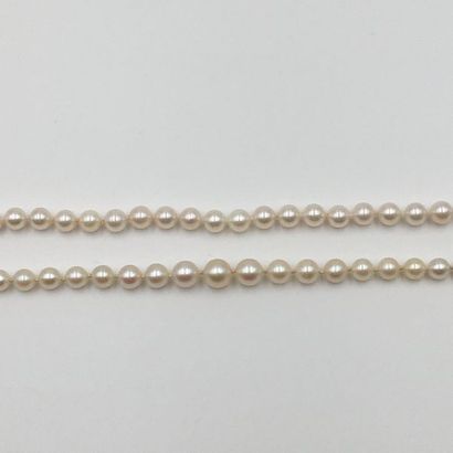null Deux COLLIERS de perles de culture blanche.
Diamètre des perles: 3,8 à 7,3 mm
Poids...