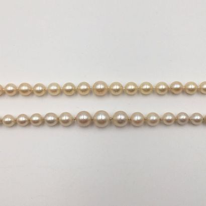 null Deux COLLIERS de perles de culture blanches, en chute.
Diamètre des perles:...