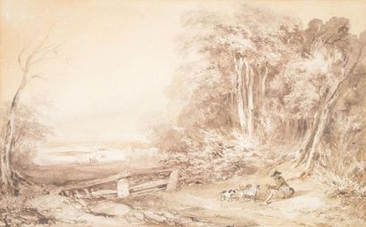 Attribué à Nicolas-Toussaint CHARLET (1792- 1845) Paysage au chasseur au repos
Dessin...
