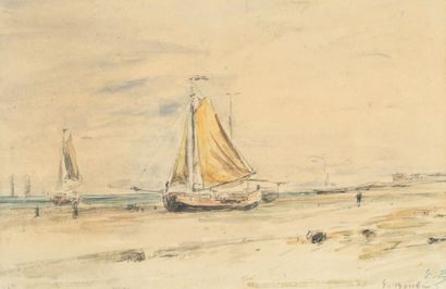 Eugène BOUDIN (1824 - 1898) Bateaux échoués sur la plage à marée basse. Aquarelle...