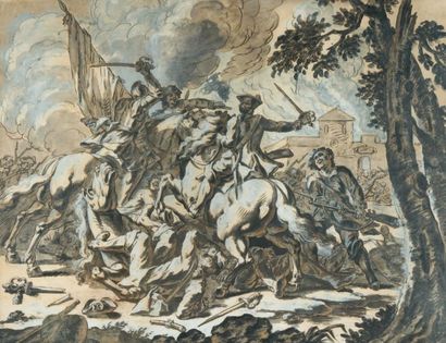 Charles PARROCEL Engagement de cavalerie Plume, encre noire, lavis brun et gris rehaut...