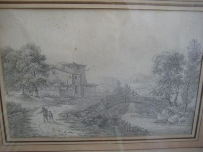 null Ecole FRANÇAISE de la fin du XVIIIe siècle
Paysage au pont
Crayon.
Monogramme...