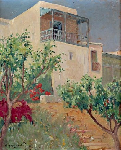 Maurice BISMOUTH (1891-1965) 
Villa à Sidi Bou Saïd
Huile sur panneau
Signée située...