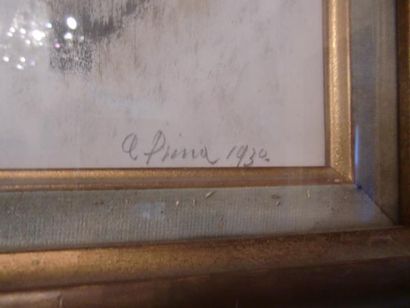 null Un dessin sous verre signé Pina représentant des bâteaux. 
55,5 x 42cm