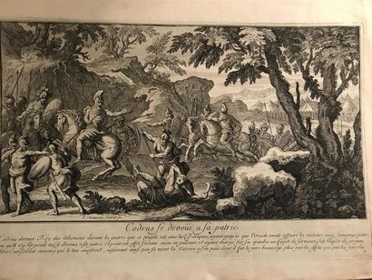 null Deux gravures XVIIème : la Mort d'Hector et Codrus se dévoue à la patrie. 
27,5...