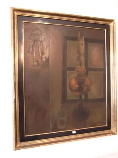 null Deux huiles sur toiles par SANDRIN
"Lampe à pétrole", 71 x 58cm 
et "Femmes...