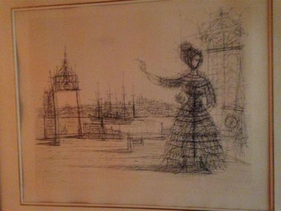 null - Carzou, lithographie, "Femme au bras levé devant un bateau ", 46 x 57 cm
-...