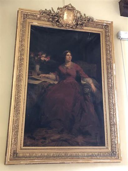 null Grand portrait de la duchesse d'Uzès (?) en robe rouge.
Huile sur toile.
H....