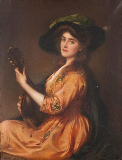 Albert LYNCH (Lima 1851 -?) Portrait de femme à la mandoline Sur sa toile d'origine... Gazette Drouot
