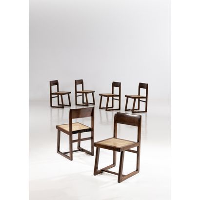  Pierre Jeanneret (1896-1967)

Suite de six chaises

Teck massif et cannage

Modèle... Gazette Drouot