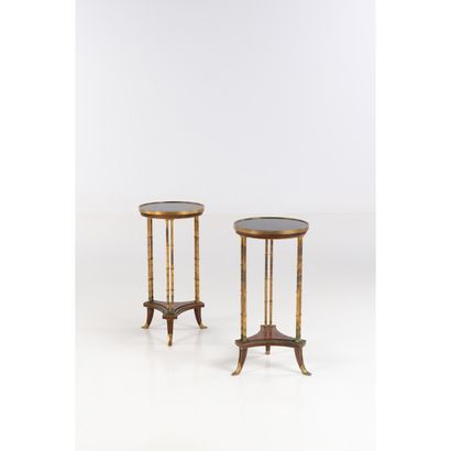  Pair of circular mahogany, burlwood and gilt bronze tables, the circular top resting... Gazette Drouot