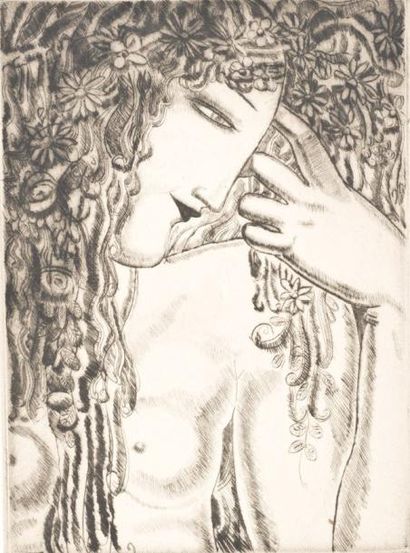 Alfred JANNIOT, (1889-1969) Femme à la chevelure fleurie, Pointe sèche, Épreuve d'artiste... Gazette Drouot