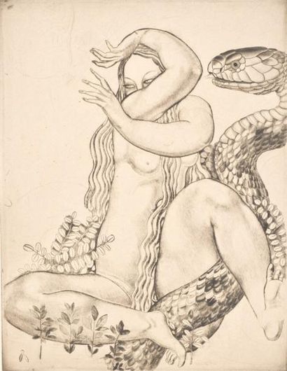 Alfred JANNIOT Femme au serpent, Pointe sèche, Épreuve d'artiste numérotée 8,, dédicacée... Gazette Drouot