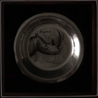 null Bernard Buffet plate, ''rhinoceros head'' in sterling silver engraved with etching,...