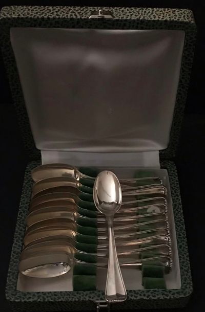null Suite of 12 teaspoons in silver 950 °/°°° with gilded saptule, goldsmith Tétard...