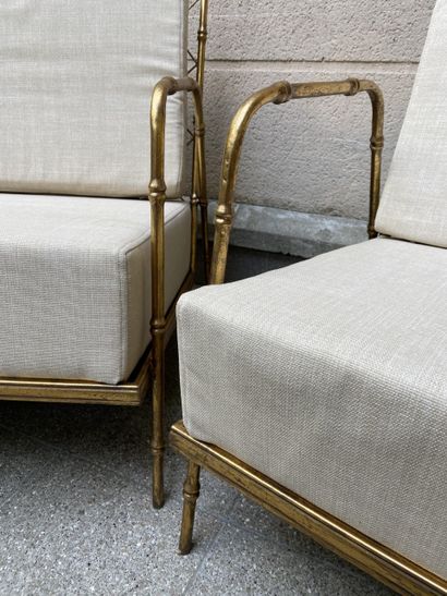null Pair of armchairs - in the style of Jansen Bamboo style metal and fabric, H76xW64xD74cm...