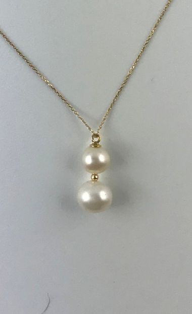 null Chain and its pendant in gold 375°/°° decorated with two freshwater pearls,...