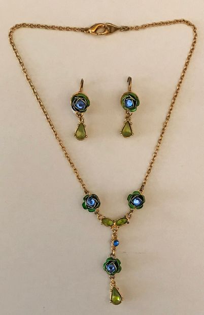 null half set of gilt metal, enamel and rhinestones including a drapery necklace...