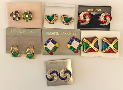 null set of 7 pairs of gold metal, enamel and rhinestone earrings