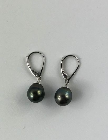 null Pair of 925°/°° silver sleepers set with a Tahitian cultured pearl, diam. 9,9,...
