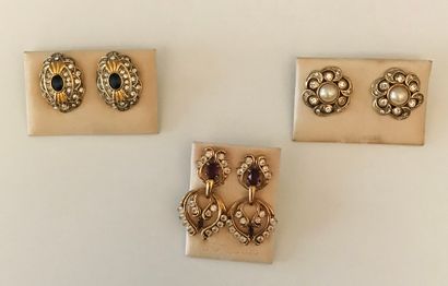 null set of 3 pairs of gold plated metal earrings with rhinestones and decorative...