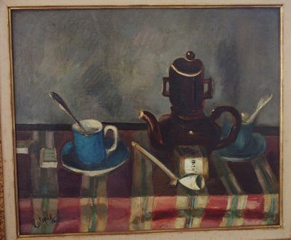 null Louis LATAPIE(1891 - 1972 ) : Nature morte à la cafetière , pipe, tasse à café,...