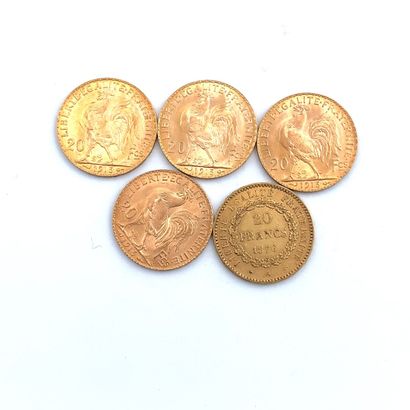 CINQ PIÈCES DE 20 francs OR 20 Francs, 1876, 1913 (4)

Poids : 32,26 g.