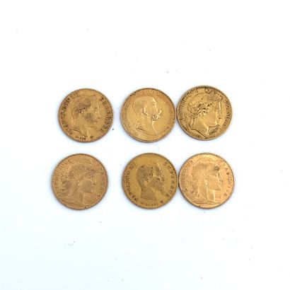 SIX PIÈCES DE 10 francs OR 10 Francs, 1851, 1858, 1866, 1901, 1909, 1912.

Poids...