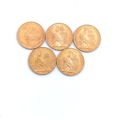CINQ PIÈCES DE 20 francs OR 20 Francs, 1908, 1913 (4).

Poids : 32,27 g.