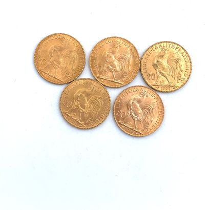 CINQ PIÈCES DE 20 francs OR 20 Francs, 1909 (2), 1912, 1913, 1914.

Poids : 32,27...
