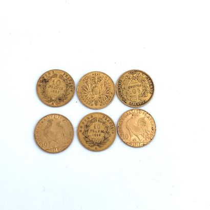 SIX PIÈCES DE 10 francs OR 10 Francs, 1851, 1858, 1866, 1901, 1909, 1912.

Poids...
