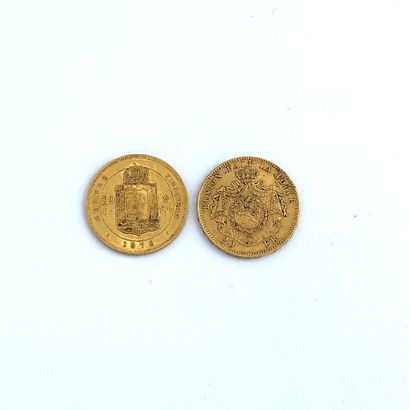 DEUX PIÈCES DE 20 francs OR 20 Francs Leopold II, 1870 et Franz Joseph I, 1876.

Poids...