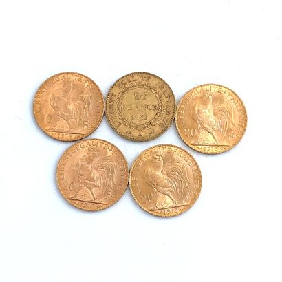 CINQ PIÈCES DE 20 francs OR 20 Francs, 1897, 1908, 1913 (3).

Poids : 32,27 g.