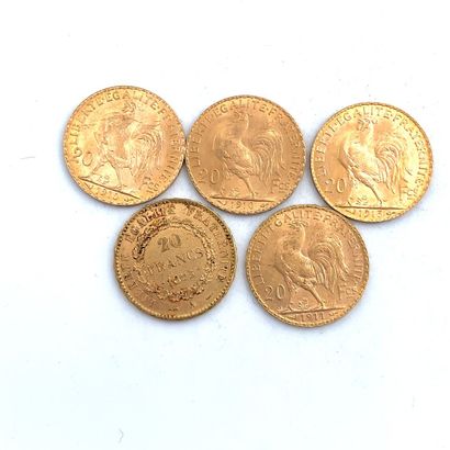 CINQ PIÈCES DE 20 francs OR 20 Francs, 1895, 1910 (2), 1911, 1913.

Poids : 32,30...