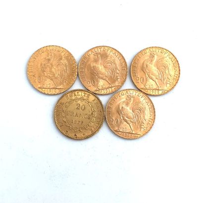 CINQ PIÈCES DE 20 francs OR 20 Francs, 1877, 1908, 1910, 1913 (2).

Poids : 32,26...